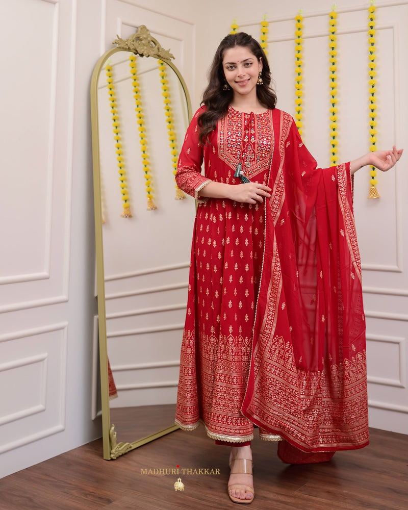 Red Handwork Georgette Anarkali Suit