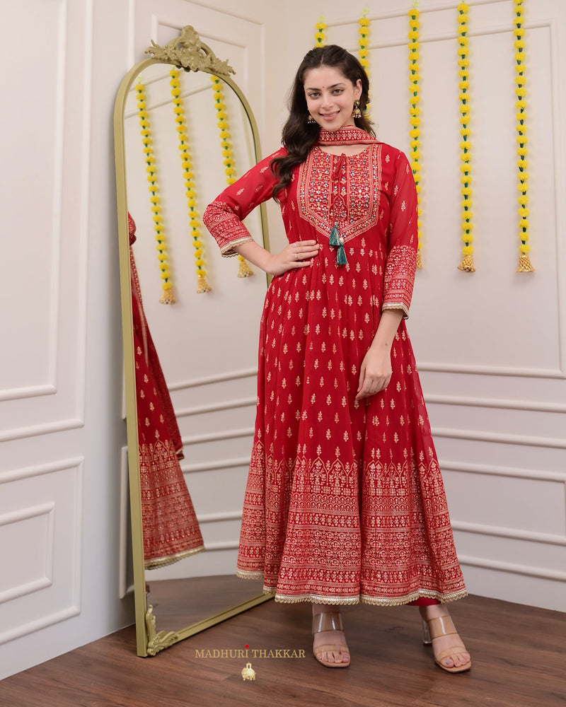 Red Handwork Georgette Anarkali Suit