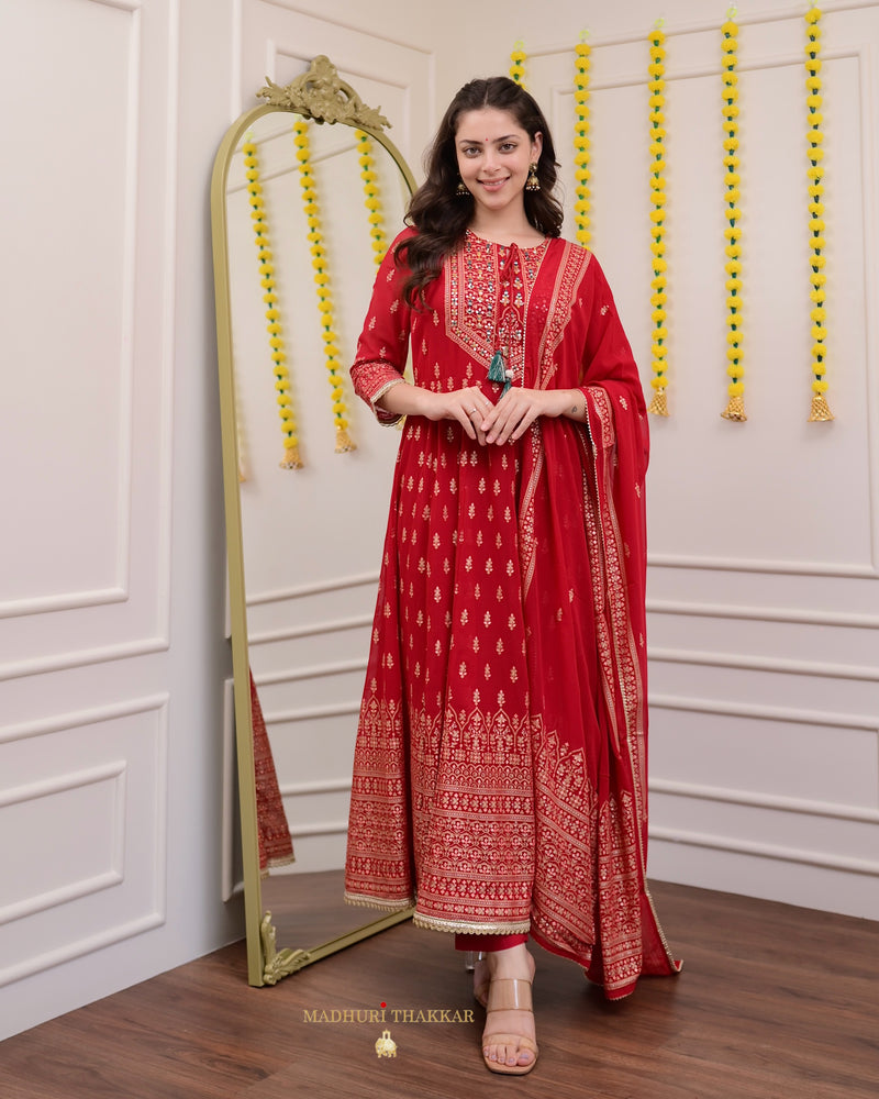 Red Handwork Georgette Anarkali Suit