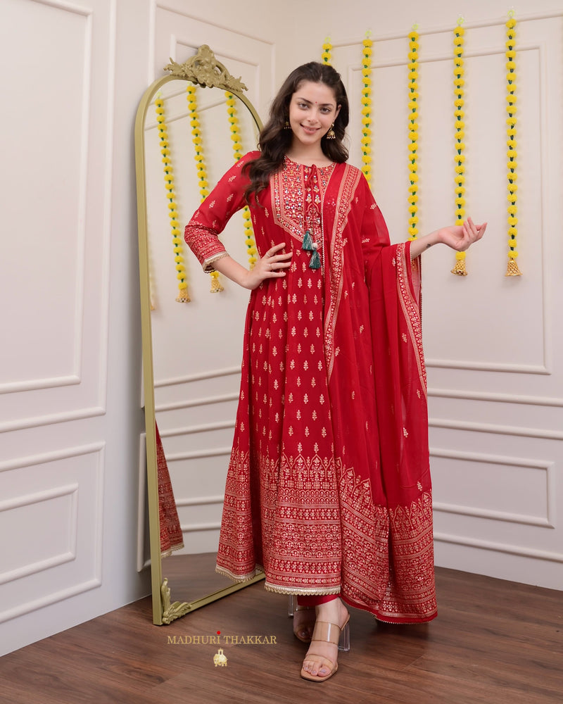 Red Handwork Georgette Anarkali Suit