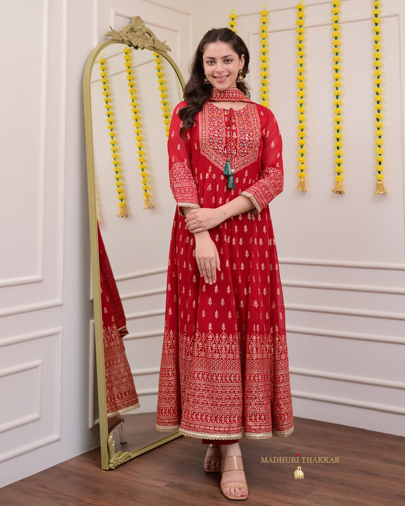 Red Handwork Georgette Anarkali Suit