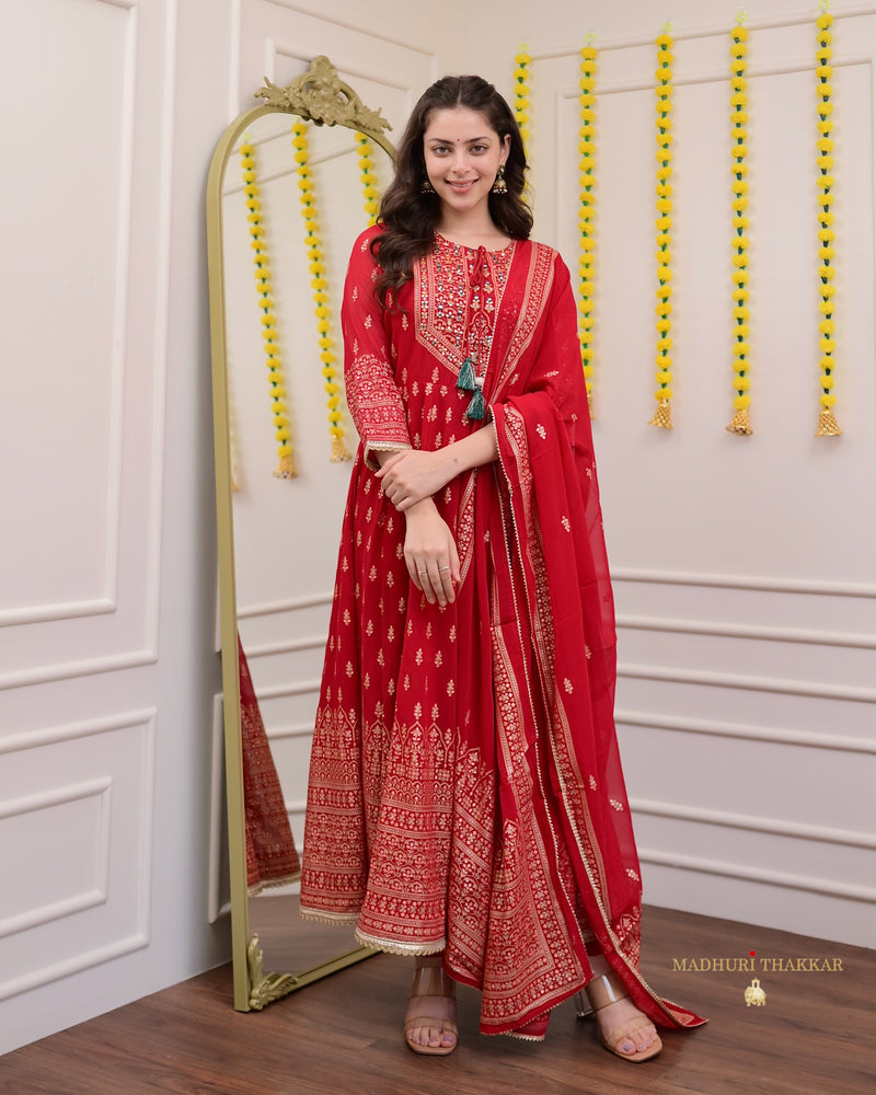 Red Handwork Georgette Anarkali Suit