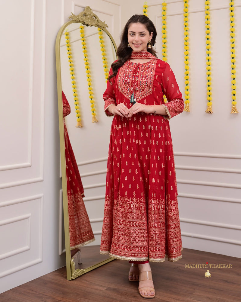 Red Handwork Georgette Anarkali Suit