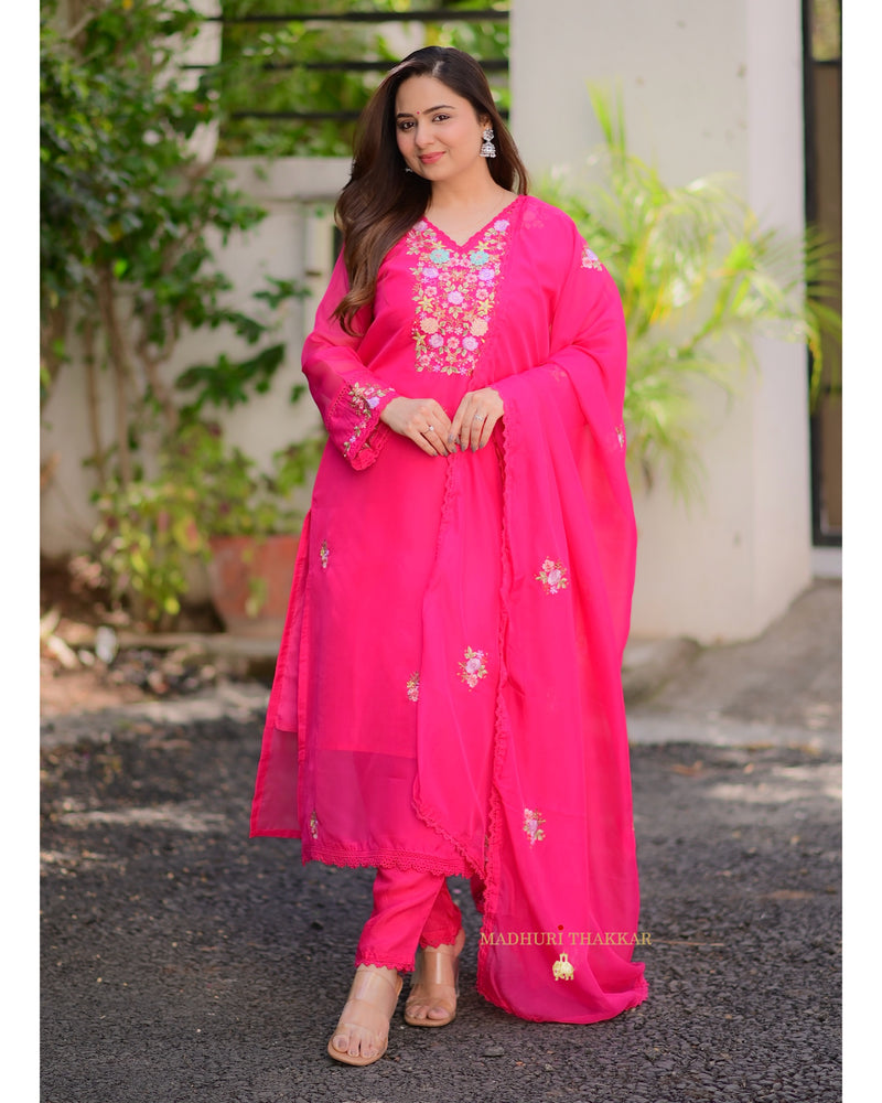 Rani Pink Threadwork Organza Suit