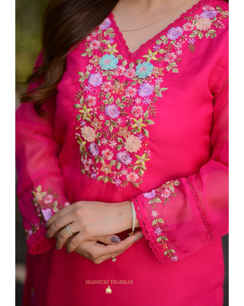 Rani Pink Threadwork Organza Suit