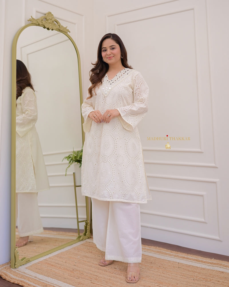 Ivory Schiffli Cotton Pakistani Kurta Set