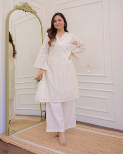 Ivory Schiffli Cotton Pakistani Kurta Set