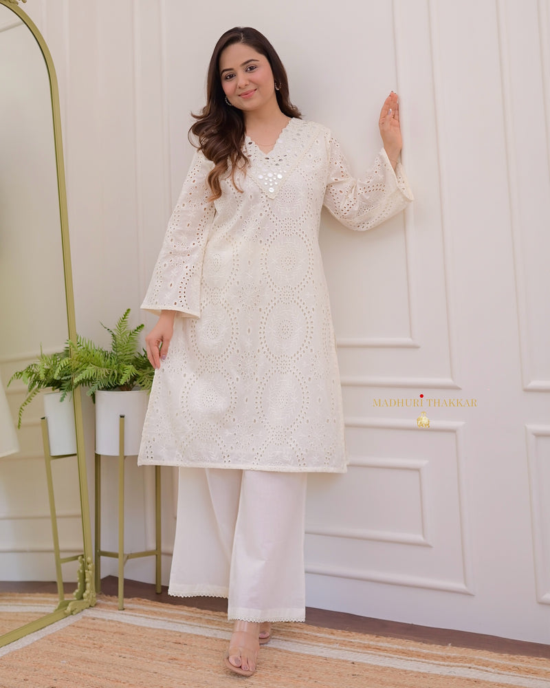 Ivory Schiffli Cotton Pakistani Kurta Set