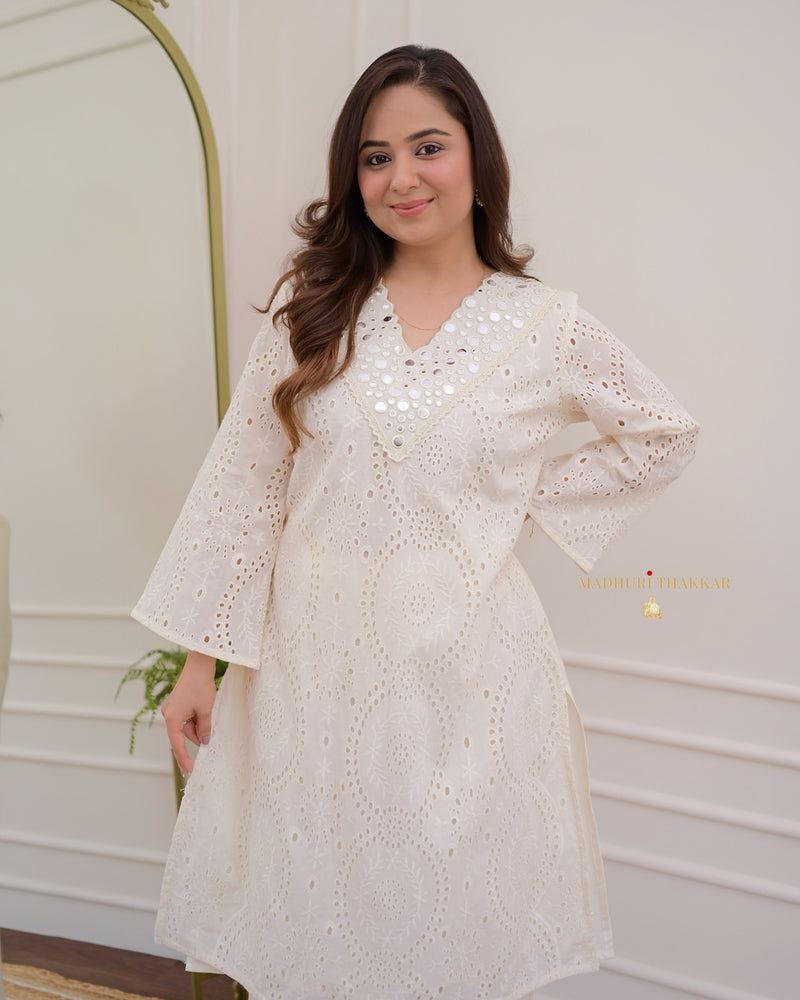 Ivory Schiffli Cotton Pakistani Kurta Set