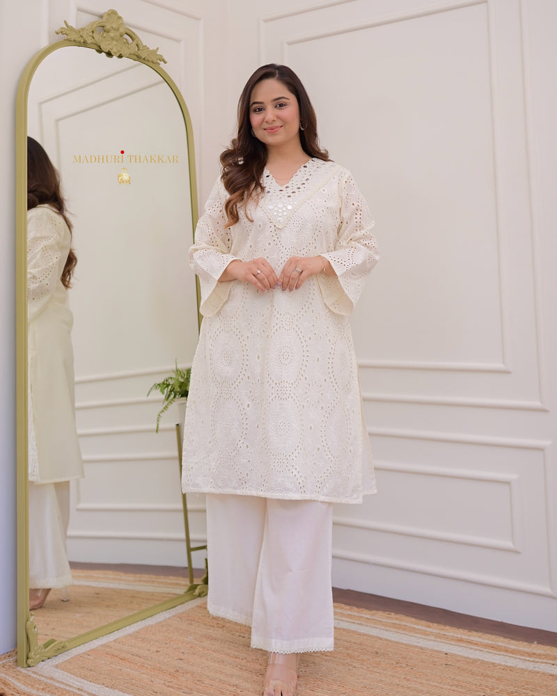 Ivory Schiffli Cotton Pakistani Kurta Set