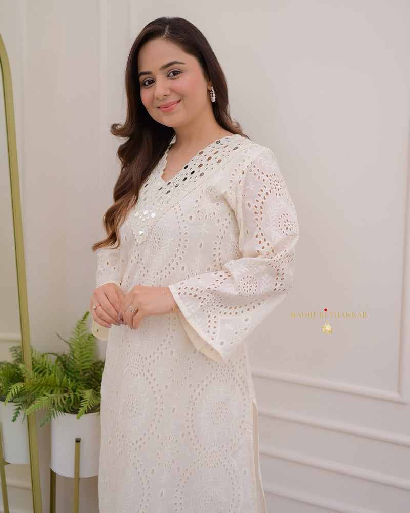 Ivory Schiffli Cotton Pakistani Kurta Set