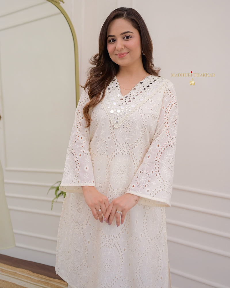 Ivory Schiffli Cotton Pakistani Kurta Set