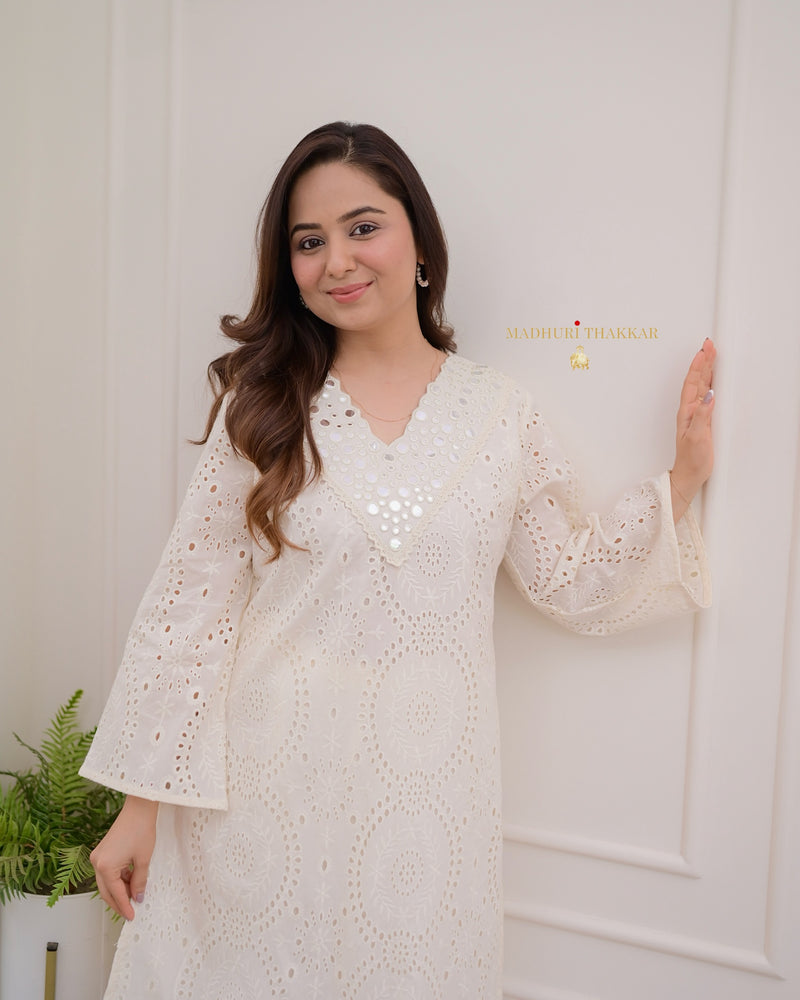 Ivory Schiffli Cotton Pakistani Kurta Set