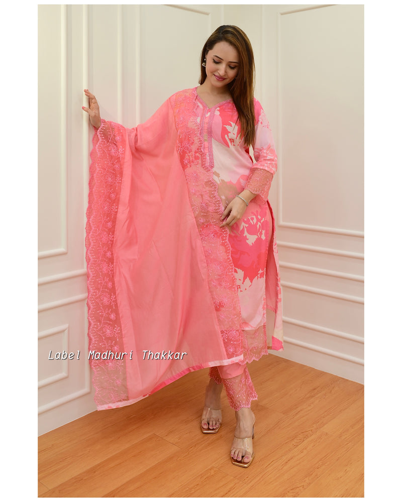 Peach Floral Muslin Suit