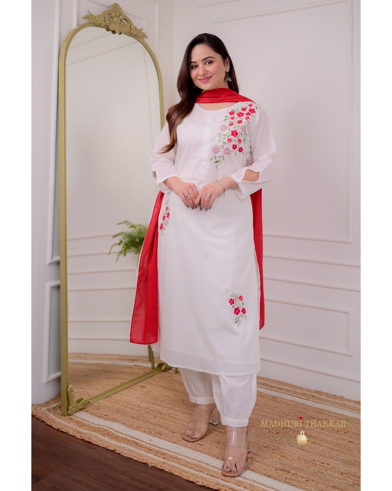 White Red Threadwork Mul Cotton Suit