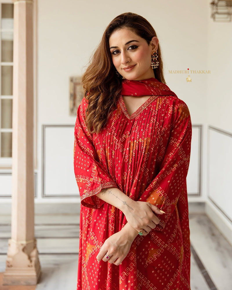 Red Bandhani Muslin A Line Festive Suit