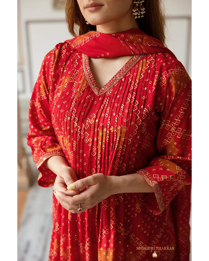 Red Bandhani Muslin A Line Festive Suit