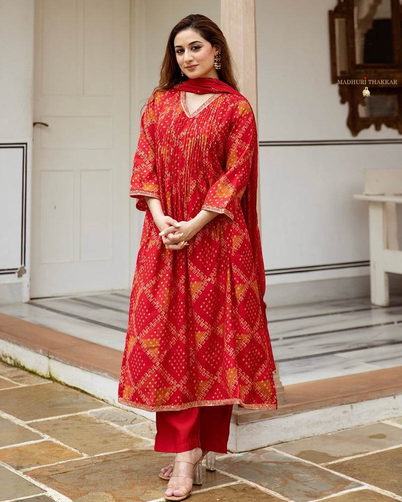 Red Bandhani Muslin A Line Festive Suit