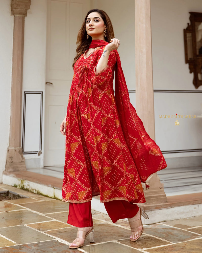 Red Bandhani Muslin A Line Festive Suit