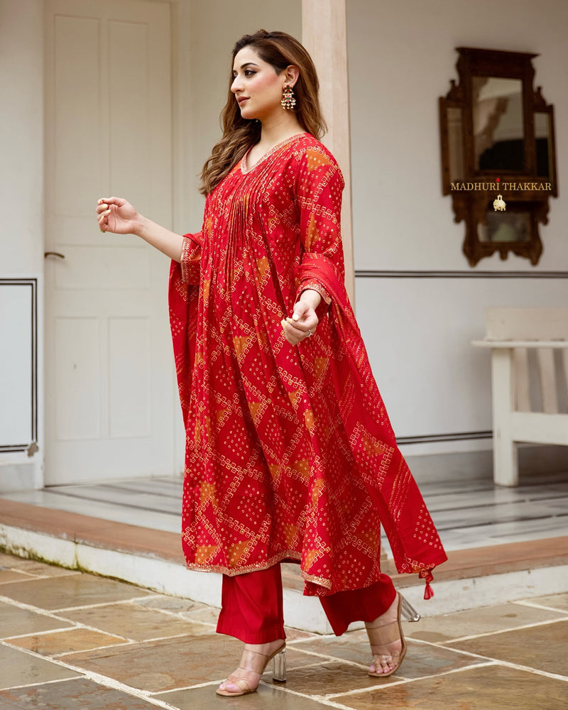 Red Bandhani Muslin A Line Festive Suit