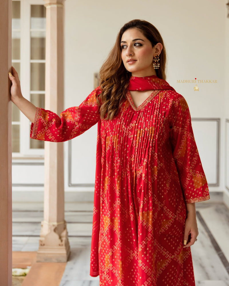 Red Bandhani Muslin A Line Festive Suit