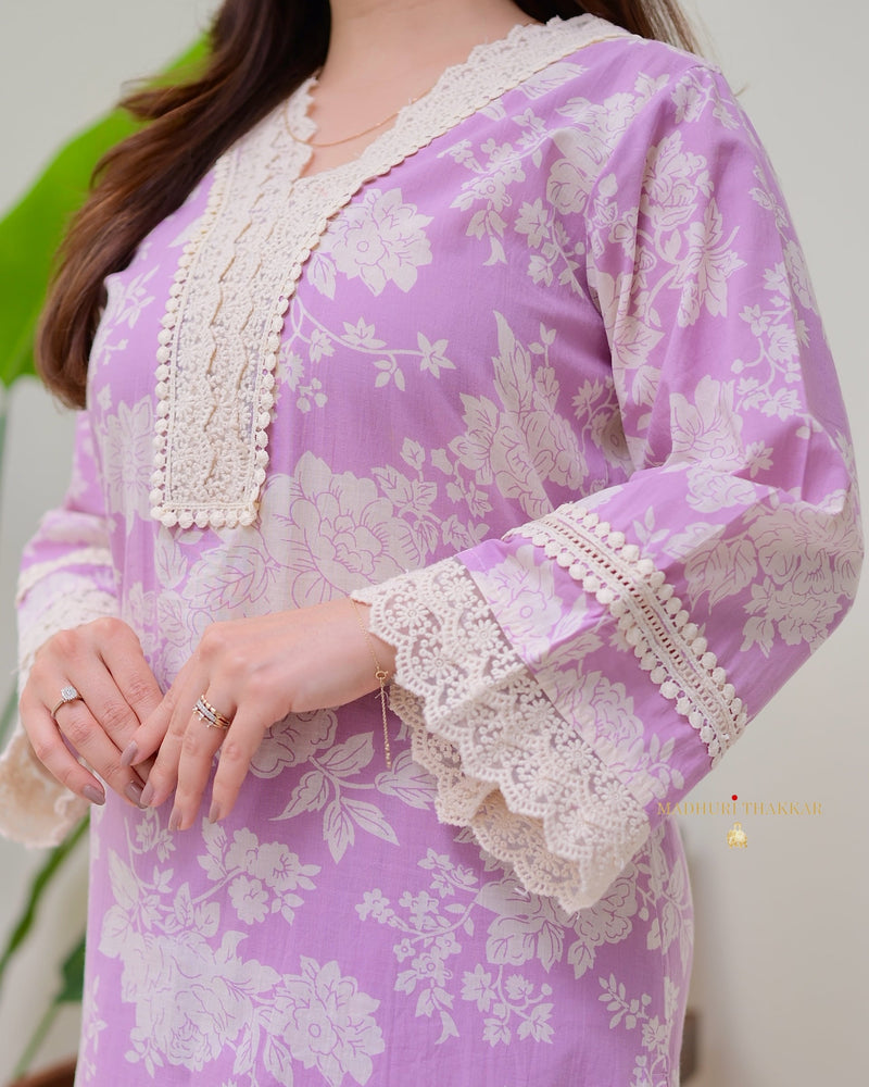 Lilac Pakistani Floral Cotton Kurta Set