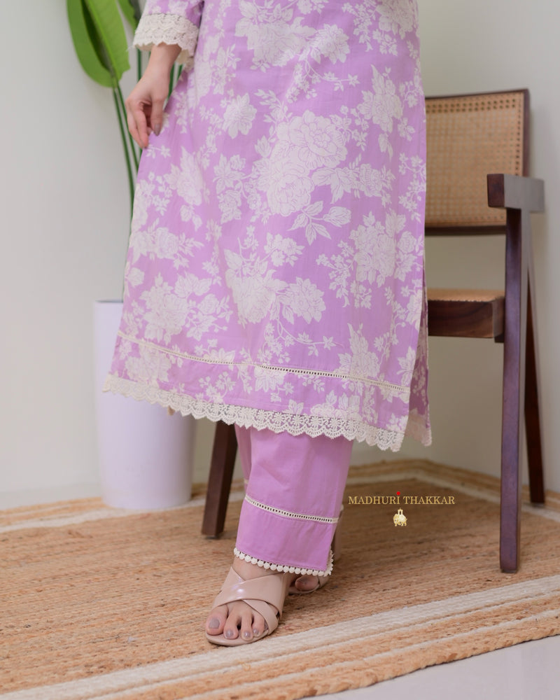 Lilac Pakistani Floral Cotton Kurta Set