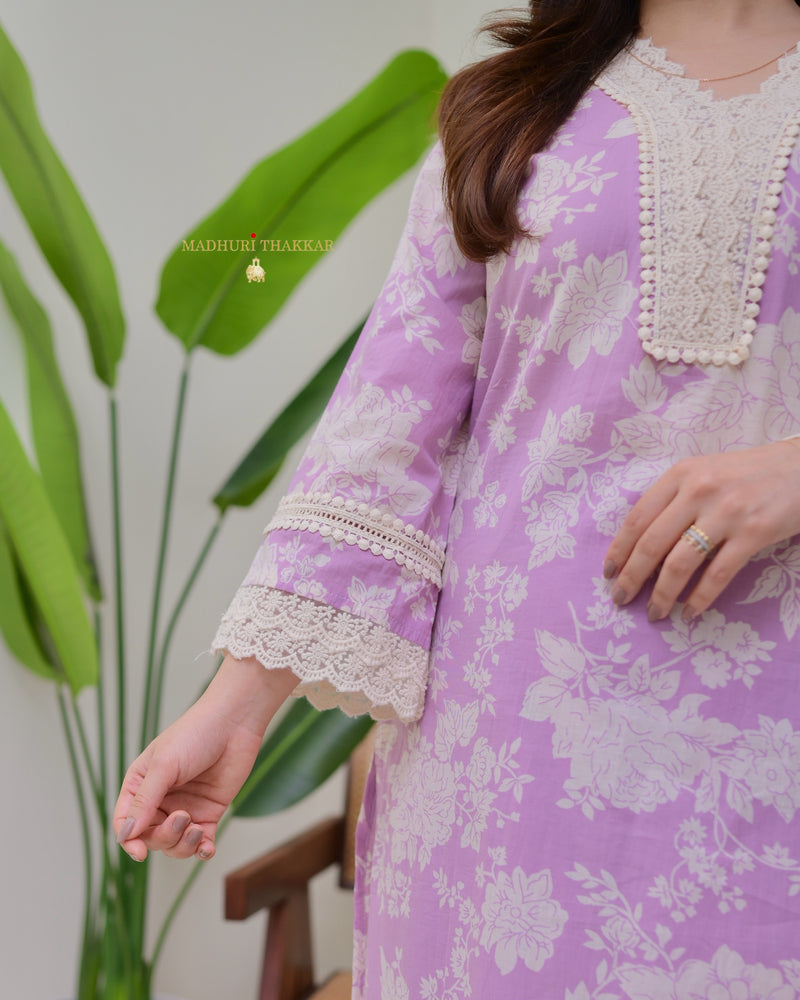 Lilac Pakistani Floral Cotton Kurta Set