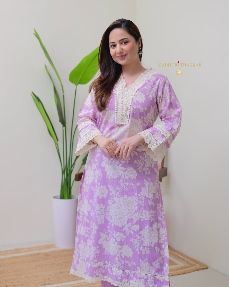 Lilac Pakistani Floral Cotton Kurta Set