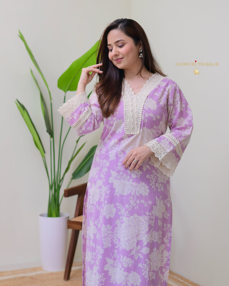 Lilac Pakistani Floral Cotton Kurta Set