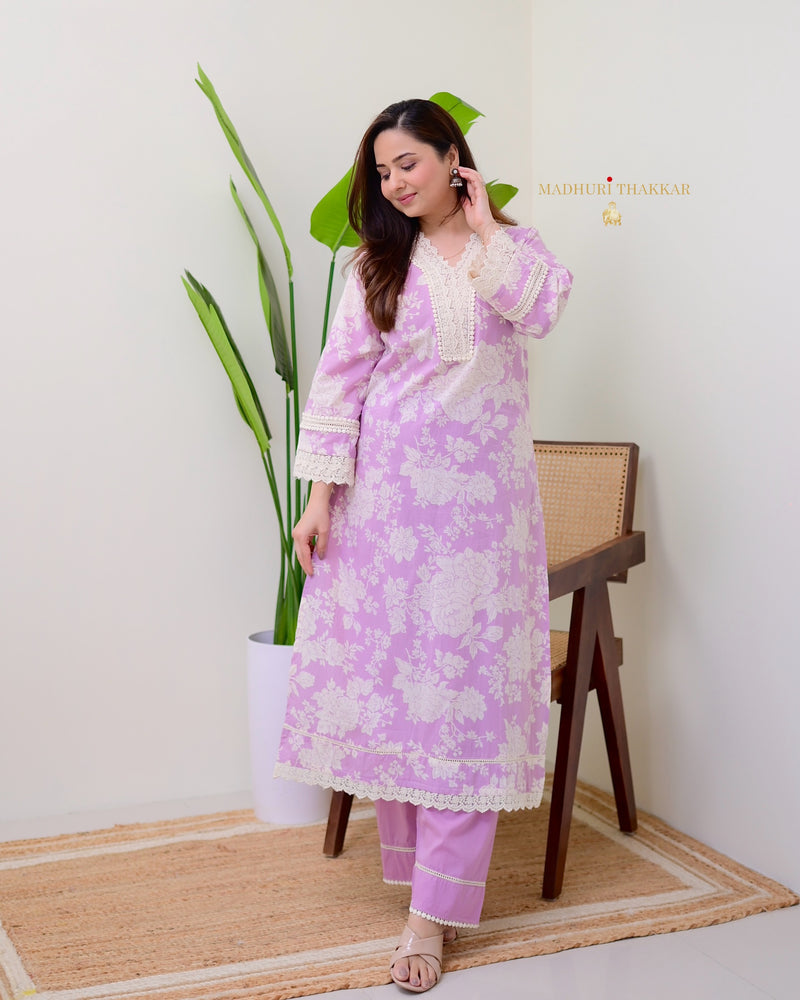 Lilac Pakistani Floral Cotton Kurta Set