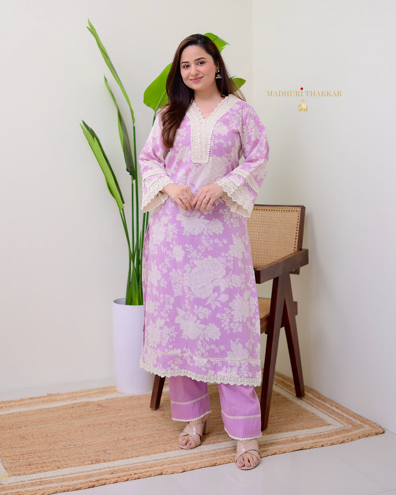 Lilac Pakistani Floral Cotton Kurta Set