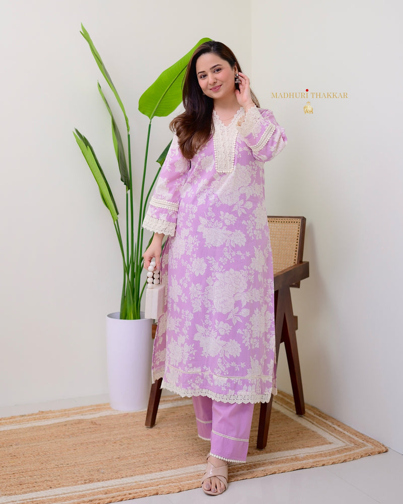 Lilac Pakistani Floral Cotton Kurta Set