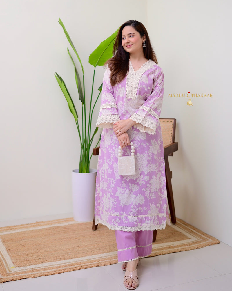 Lilac Pakistani Floral Cotton Kurta Set