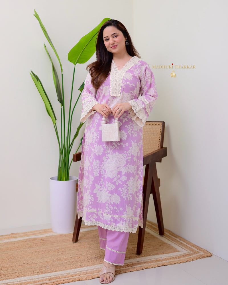 Lilac Pakistani Floral Cotton Kurta Set