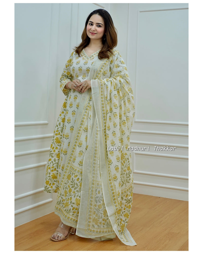 Ivory-Yellow Floral Afghani Suit