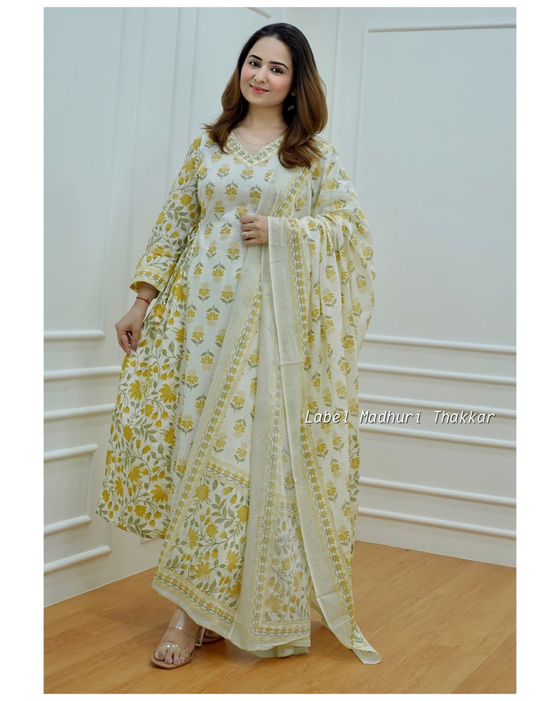 Ivory-Yellow Floral Afghani Suit