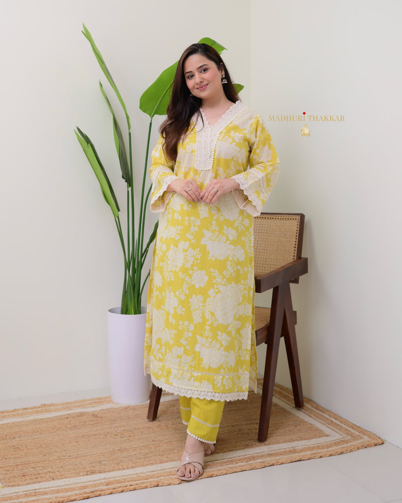 Yellow Pakistani Floral Cotton Kurta Set