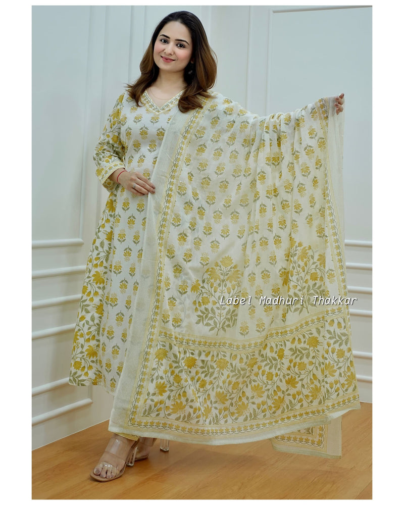 Ivory-Yellow Floral Afghani Suit