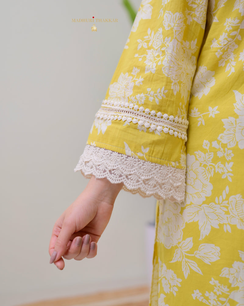 Yellow Pakistani Floral Cotton Kurta Set