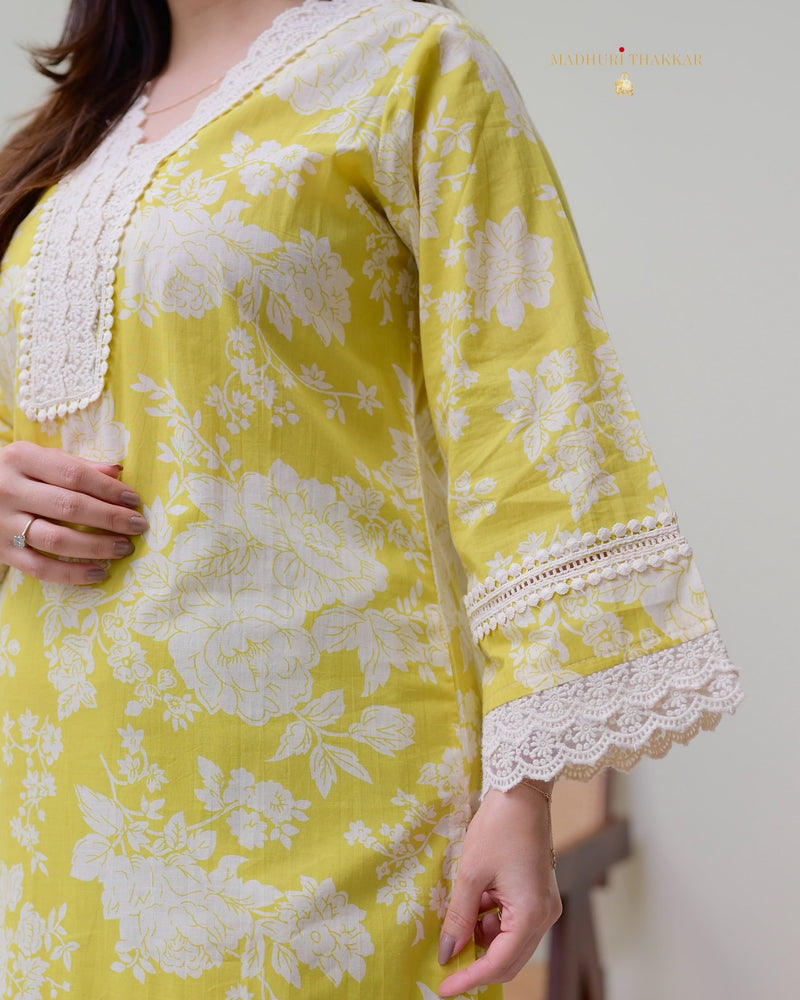 Yellow Pakistani Floral Cotton Kurta Set