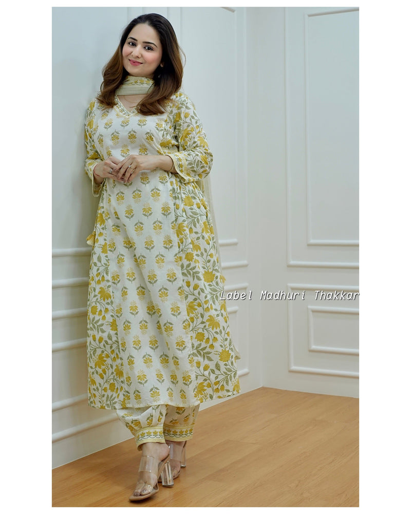 Ivory-Yellow Floral Afghani Suit