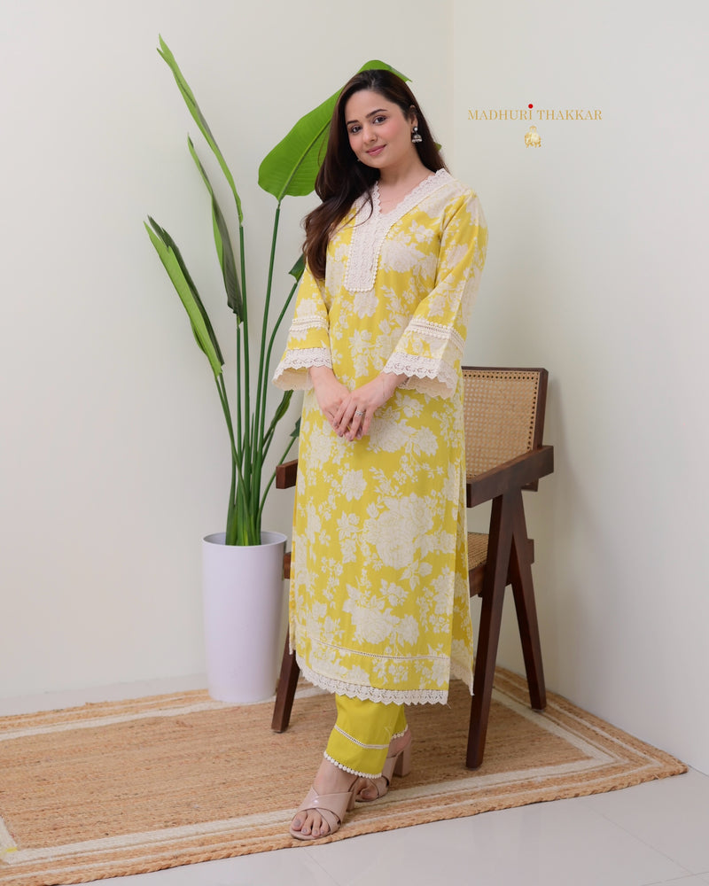 Yellow Pakistani Floral Cotton Kurta Set