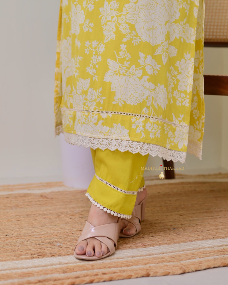 Yellow Pakistani Floral Cotton Kurta Set