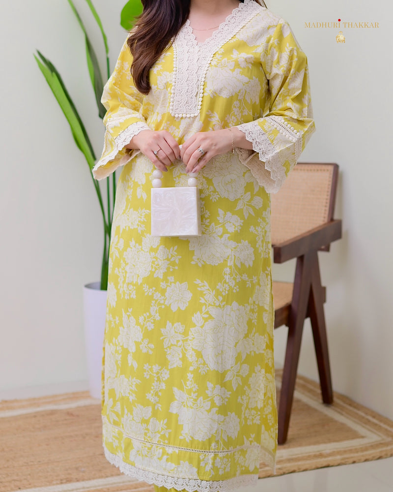 Yellow Pakistani Floral Cotton Kurta Set