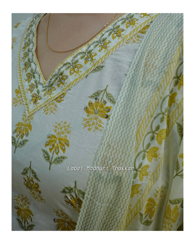 Ivory-Yellow Floral Afghani Suit