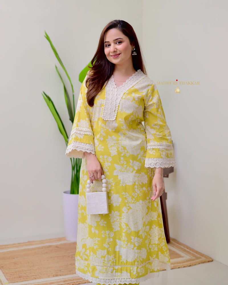 Yellow Pakistani Floral Cotton Kurta Set