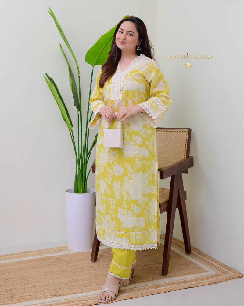 Yellow Pakistani Floral Cotton Kurta Set