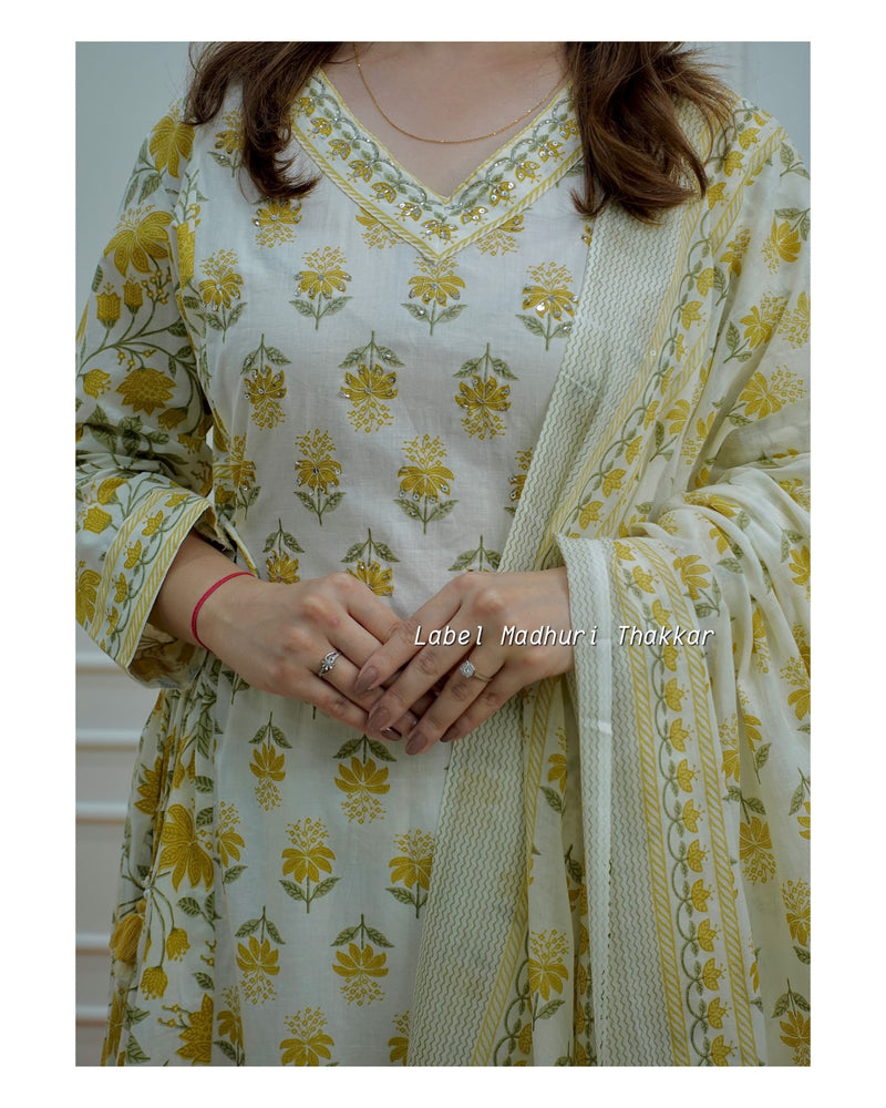 Ivory-Yellow Floral Afghani Suit