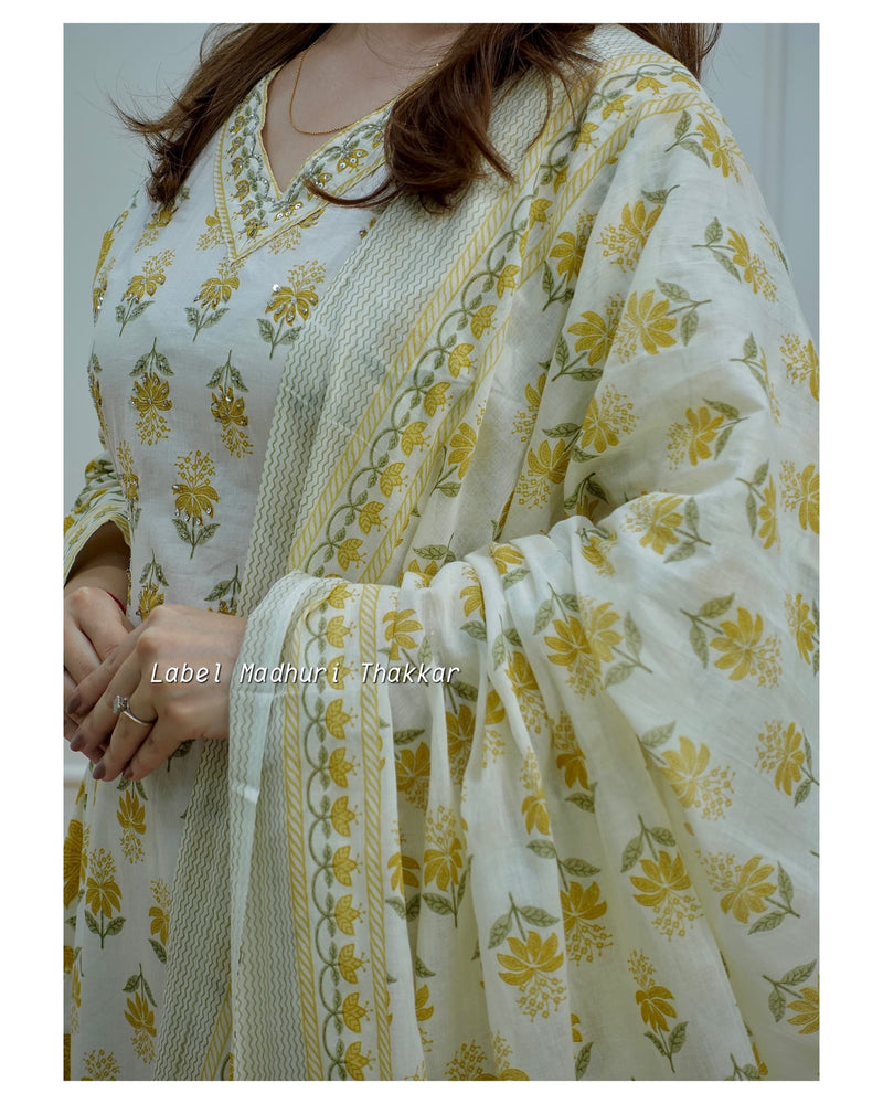 Ivory-Yellow Floral Afghani Suit